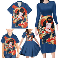 Japanese Geisha Koi Fish Family Matching Long Sleeve Bodycon Dress and Hawaiian Shirt Cherry Blossoms Blue Seigaiha Pattern - Wonder Print Shop
