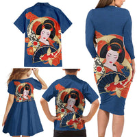 Japanese Geisha Koi Fish Family Matching Long Sleeve Bodycon Dress and Hawaiian Shirt Cherry Blossoms Blue Seigaiha Pattern - Wonder Print Shop