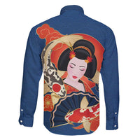 Japanese Geisha Koi Fish Family Matching Long Sleeve Bodycon Dress and Hawaiian Shirt Cherry Blossoms Blue Seigaiha Pattern - Wonder Print Shop