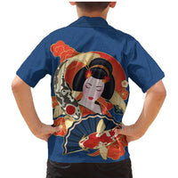 Japanese Geisha Koi Fish Family Matching Mermaid Dress and Hawaiian Shirt Cherry Blossoms Blue Seigaiha Pattern - Wonder Print Shop