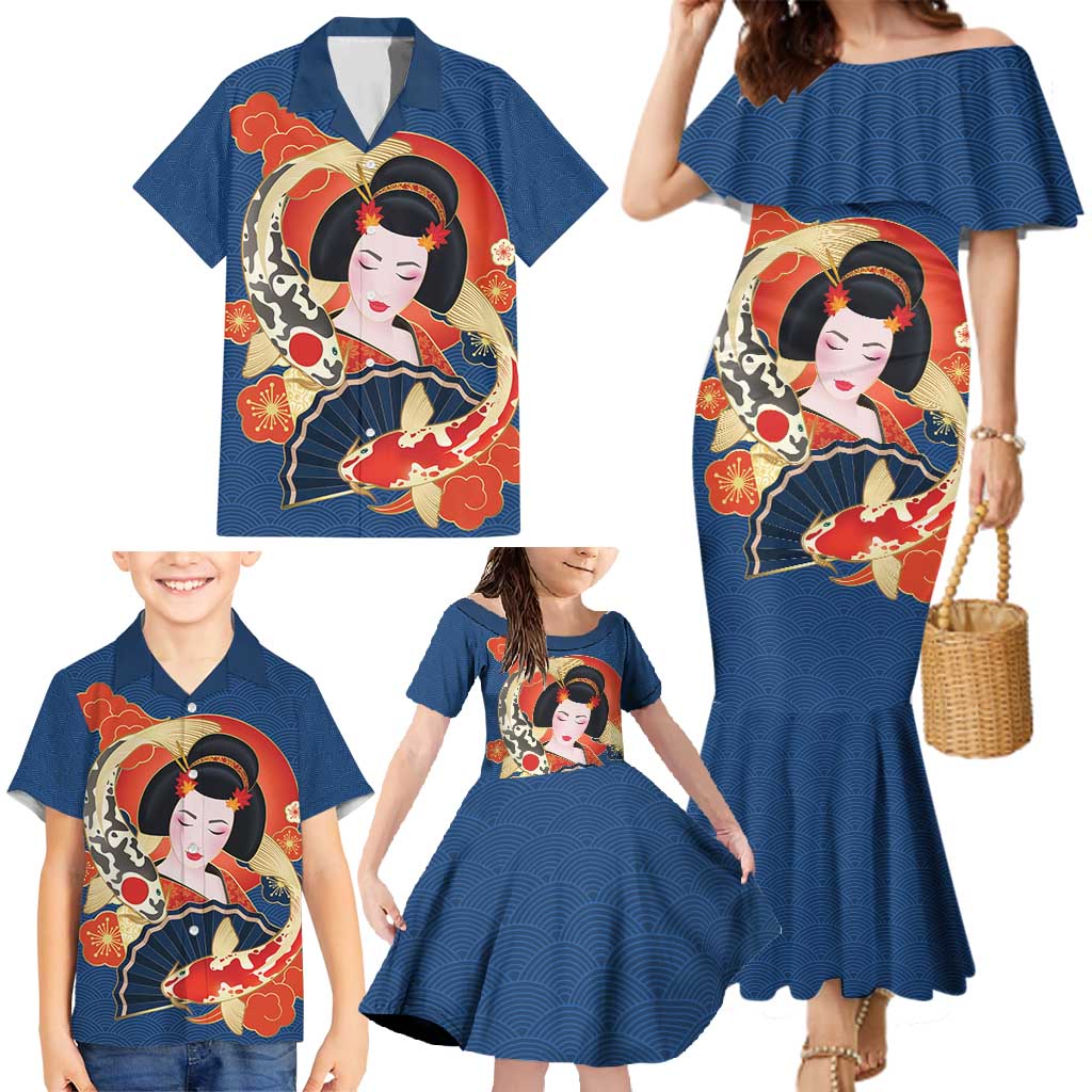 Japanese Geisha Koi Fish Family Matching Mermaid Dress and Hawaiian Shirt Cherry Blossoms Blue Seigaiha Pattern - Wonder Print Shop