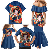 Japanese Geisha Koi Fish Family Matching Mermaid Dress and Hawaiian Shirt Cherry Blossoms Blue Seigaiha Pattern - Wonder Print Shop