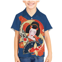 Japanese Geisha Koi Fish Family Matching Mermaid Dress and Hawaiian Shirt Cherry Blossoms Blue Seigaiha Pattern - Wonder Print Shop