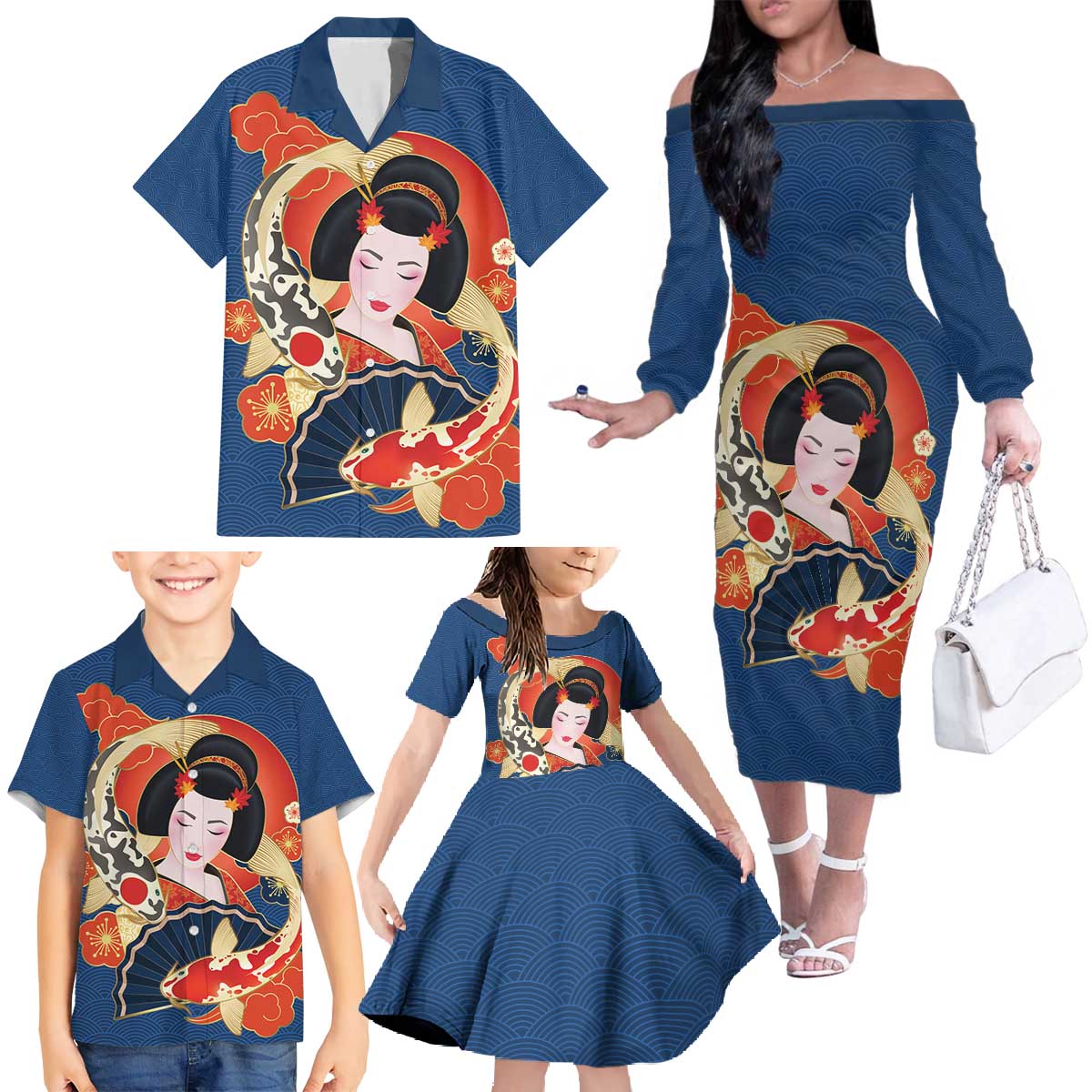 Japanese Geisha Koi Fish Family Matching Off The Shoulder Long Sleeve Dress and Hawaiian Shirt Cherry Blossoms Blue Seigaiha Pattern - Wonder Print Shop