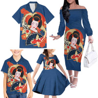 Japanese Geisha Koi Fish Family Matching Off The Shoulder Long Sleeve Dress and Hawaiian Shirt Cherry Blossoms Blue Seigaiha Pattern - Wonder Print Shop