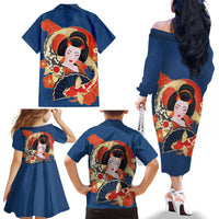 Japanese Geisha Koi Fish Family Matching Off The Shoulder Long Sleeve Dress and Hawaiian Shirt Cherry Blossoms Blue Seigaiha Pattern - Wonder Print Shop