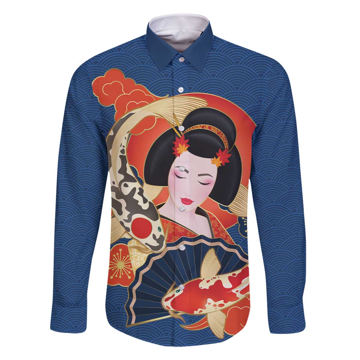 Japanese Geisha Koi Fish Family Matching Off The Shoulder Long Sleeve Dress and Hawaiian Shirt Cherry Blossoms Blue Seigaiha Pattern - Wonder Print Shop
