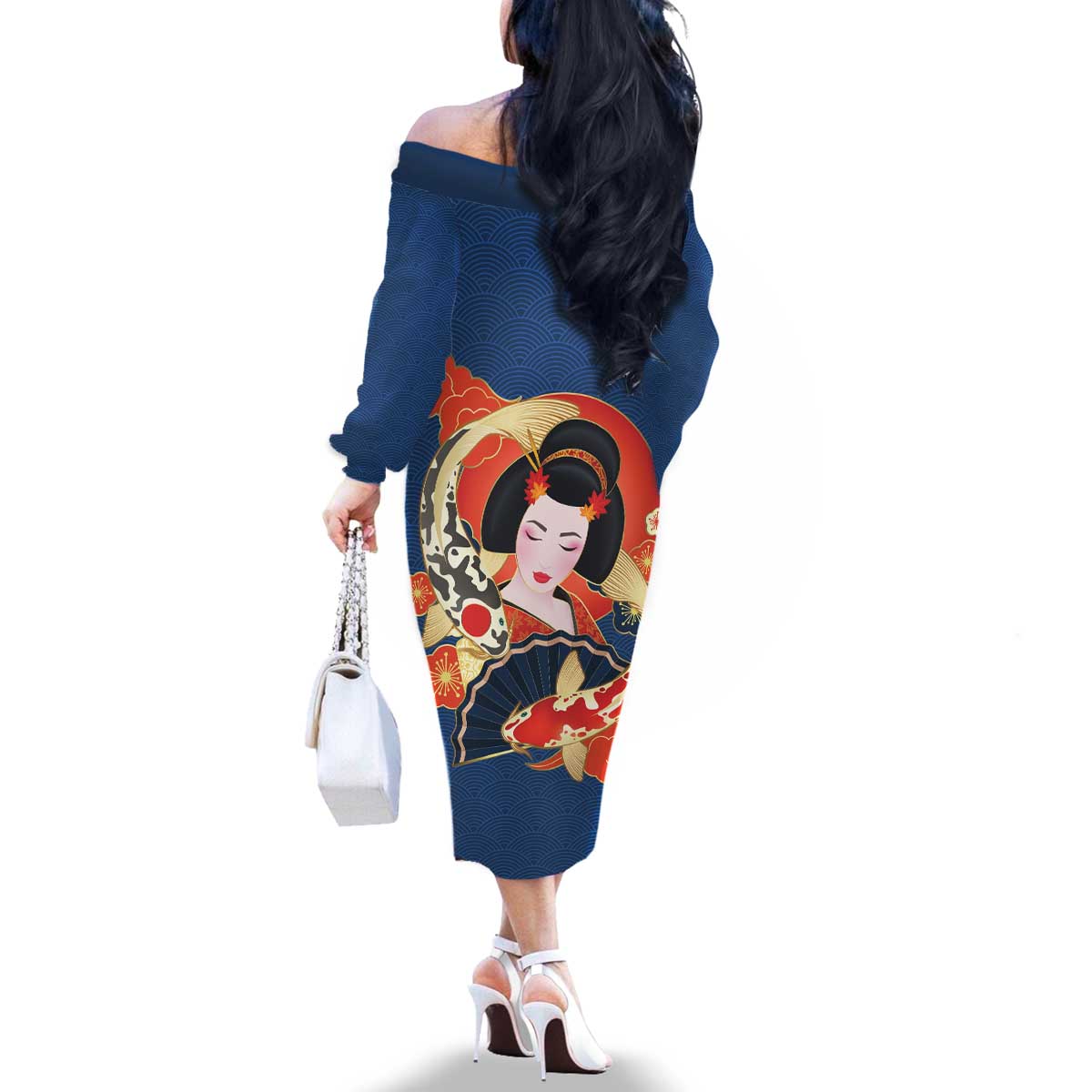 Japanese Geisha Koi Fish Family Matching Off The Shoulder Long Sleeve Dress and Hawaiian Shirt Cherry Blossoms Blue Seigaiha Pattern - Wonder Print Shop