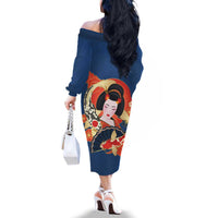 Japanese Geisha Koi Fish Family Matching Off The Shoulder Long Sleeve Dress and Hawaiian Shirt Cherry Blossoms Blue Seigaiha Pattern - Wonder Print Shop