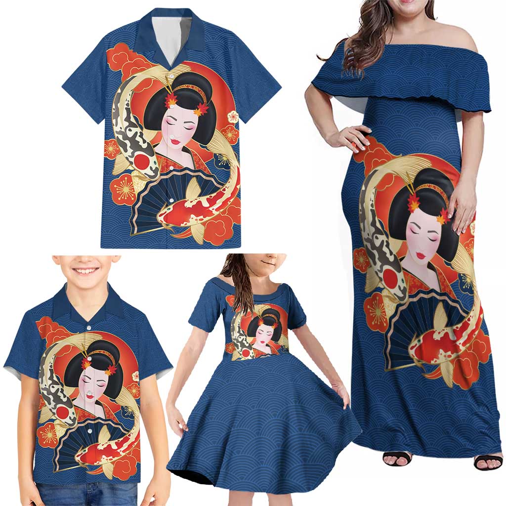 Japanese Geisha Koi Fish Family Matching Off Shoulder Maxi Dress and Hawaiian Shirt Cherry Blossoms Blue Seigaiha Pattern - Wonder Print Shop