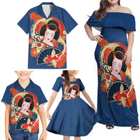Japanese Geisha Koi Fish Family Matching Off Shoulder Maxi Dress and Hawaiian Shirt Cherry Blossoms Blue Seigaiha Pattern - Wonder Print Shop