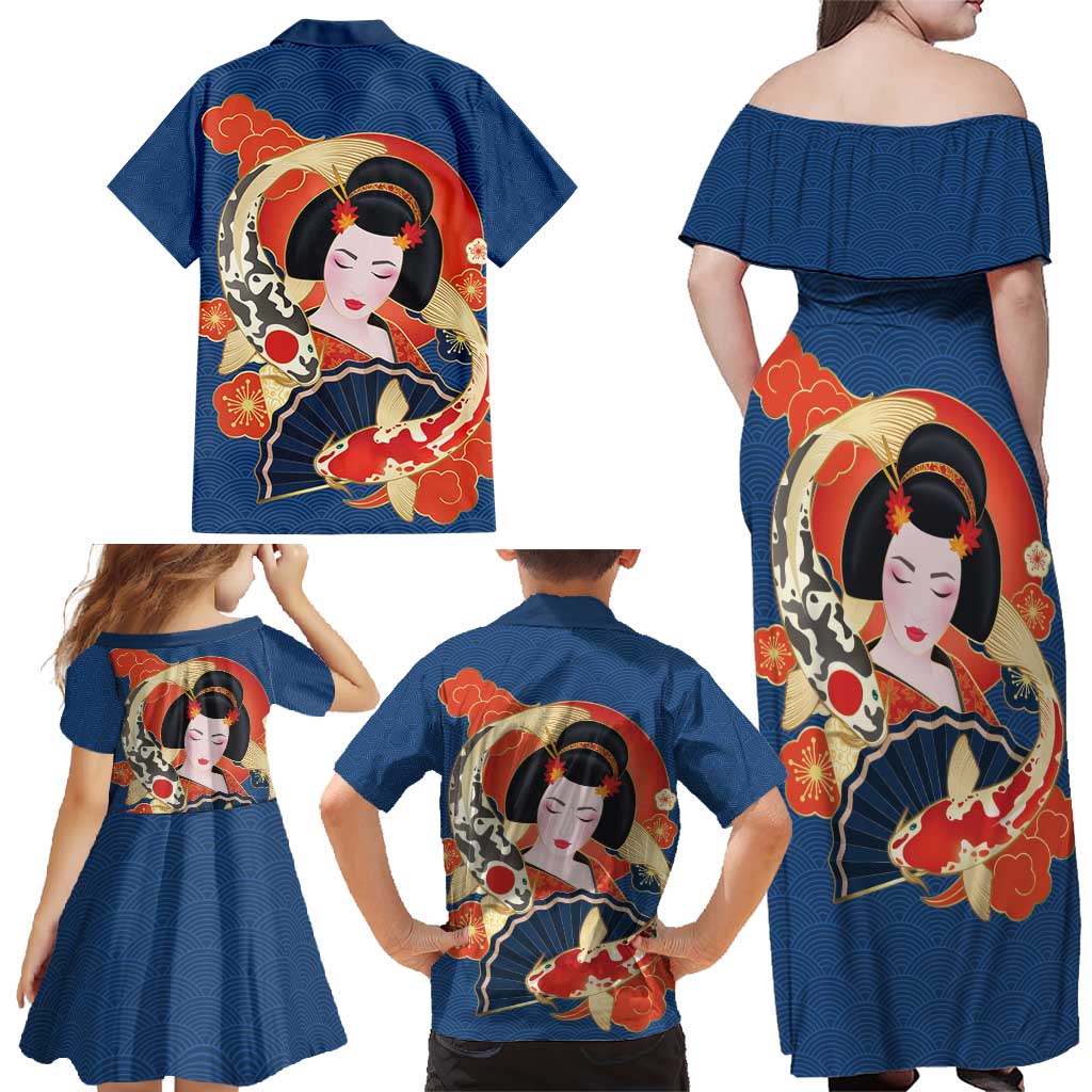 Japanese Geisha Koi Fish Family Matching Off Shoulder Maxi Dress and Hawaiian Shirt Cherry Blossoms Blue Seigaiha Pattern - Wonder Print Shop