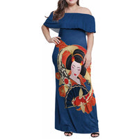 Japanese Geisha Koi Fish Family Matching Off Shoulder Maxi Dress and Hawaiian Shirt Cherry Blossoms Blue Seigaiha Pattern - Wonder Print Shop