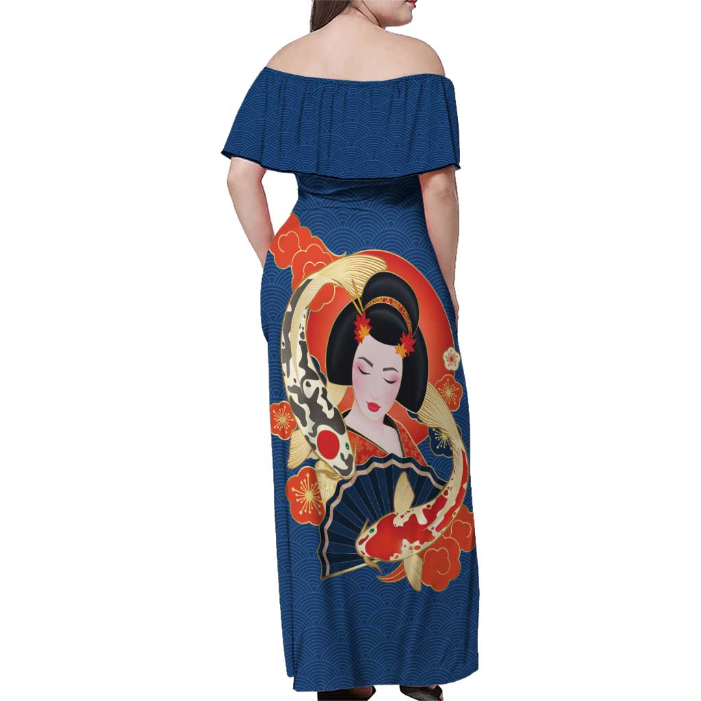Japanese Geisha Koi Fish Family Matching Off Shoulder Maxi Dress and Hawaiian Shirt Cherry Blossoms Blue Seigaiha Pattern - Wonder Print Shop