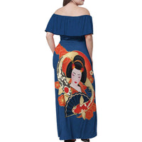Japanese Geisha Koi Fish Family Matching Off Shoulder Maxi Dress and Hawaiian Shirt Cherry Blossoms Blue Seigaiha Pattern - Wonder Print Shop