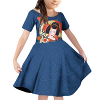 Japanese Geisha Koi Fish Family Matching Off Shoulder Short Dress and Hawaiian Shirt Cherry Blossoms Blue Seigaiha Pattern - Wonder Print Shop