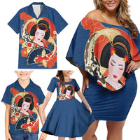 Japanese Geisha Koi Fish Family Matching Off Shoulder Short Dress and Hawaiian Shirt Cherry Blossoms Blue Seigaiha Pattern - Wonder Print Shop