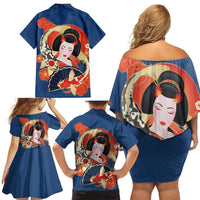 Japanese Geisha Koi Fish Family Matching Off Shoulder Short Dress and Hawaiian Shirt Cherry Blossoms Blue Seigaiha Pattern - Wonder Print Shop