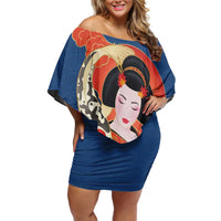 Japanese Geisha Koi Fish Family Matching Off Shoulder Short Dress and Hawaiian Shirt Cherry Blossoms Blue Seigaiha Pattern - Wonder Print Shop