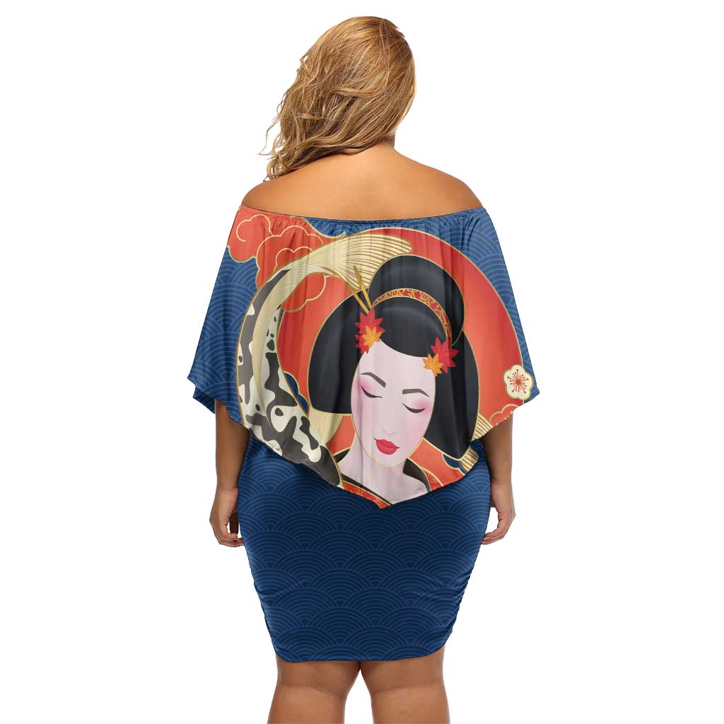 Japanese Geisha Koi Fish Family Matching Off Shoulder Short Dress and Hawaiian Shirt Cherry Blossoms Blue Seigaiha Pattern - Wonder Print Shop