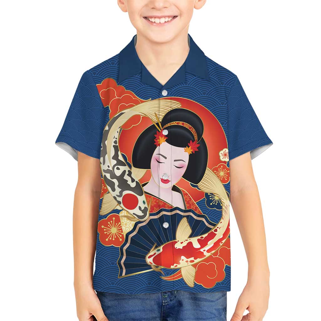 Japanese Geisha Koi Fish Family Matching Off Shoulder Short Dress and Hawaiian Shirt Cherry Blossoms Blue Seigaiha Pattern - Wonder Print Shop