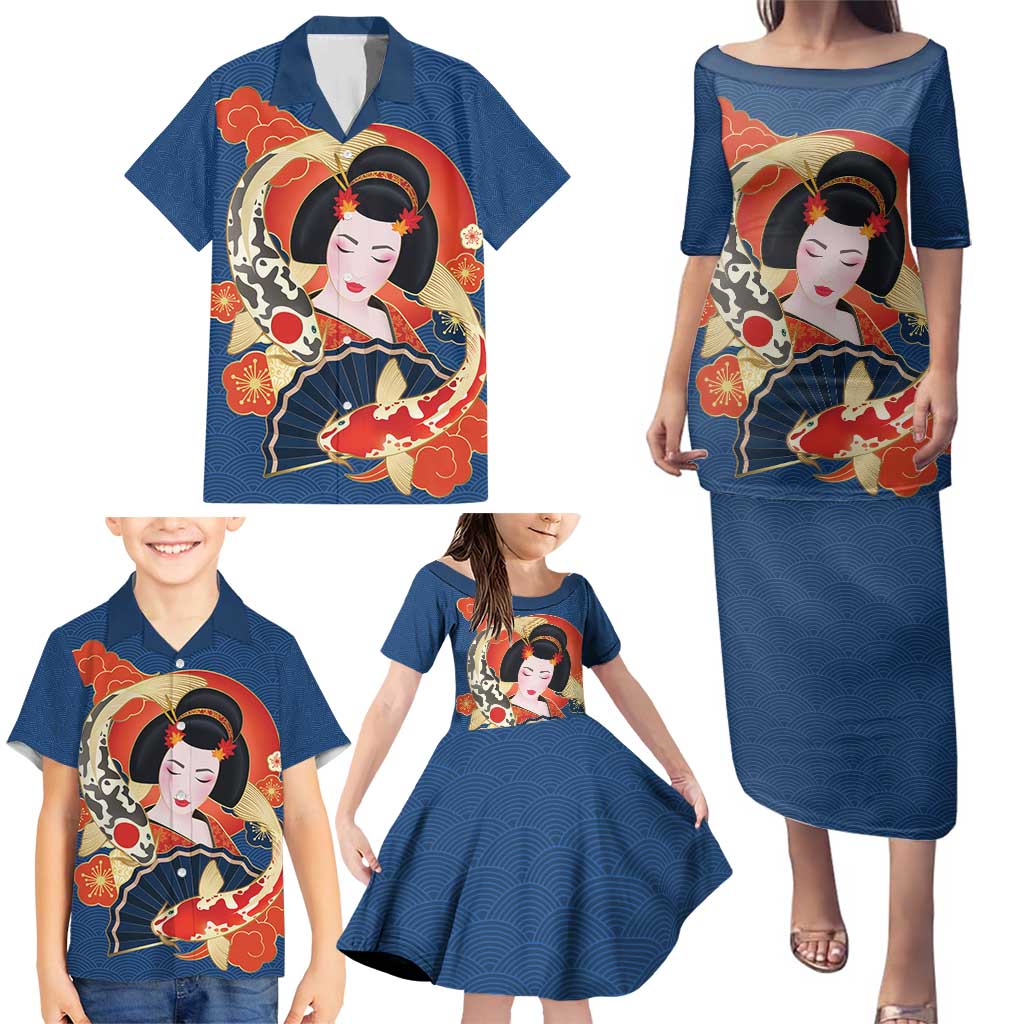 Japanese Geisha Koi Fish Family Matching Puletasi and Hawaiian Shirt Cherry Blossoms Blue Seigaiha Pattern - Wonder Print Shop