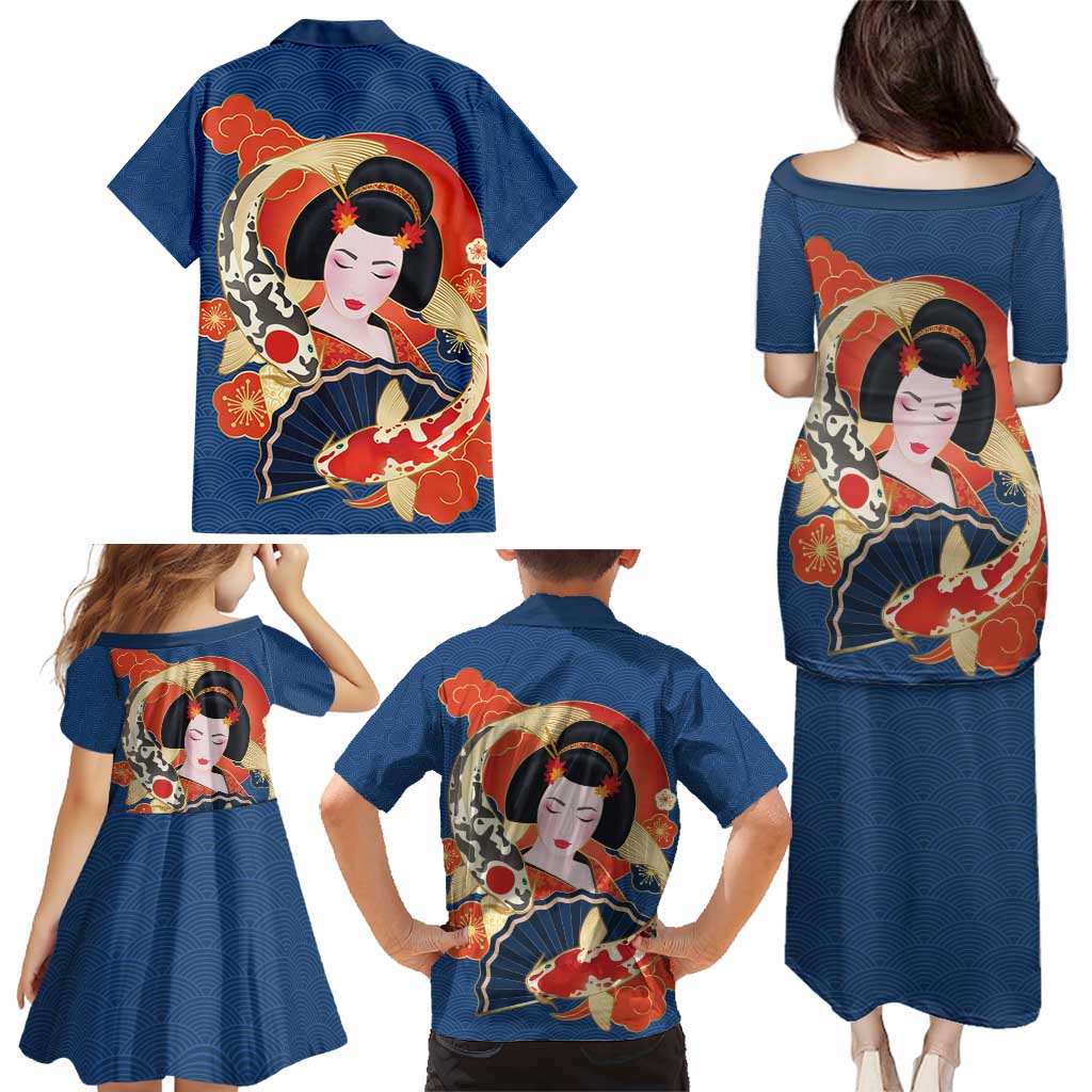 Japanese Geisha Koi Fish Family Matching Puletasi and Hawaiian Shirt Cherry Blossoms Blue Seigaiha Pattern - Wonder Print Shop
