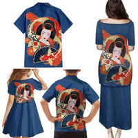 Japanese Geisha Koi Fish Family Matching Puletasi and Hawaiian Shirt Cherry Blossoms Blue Seigaiha Pattern - Wonder Print Shop