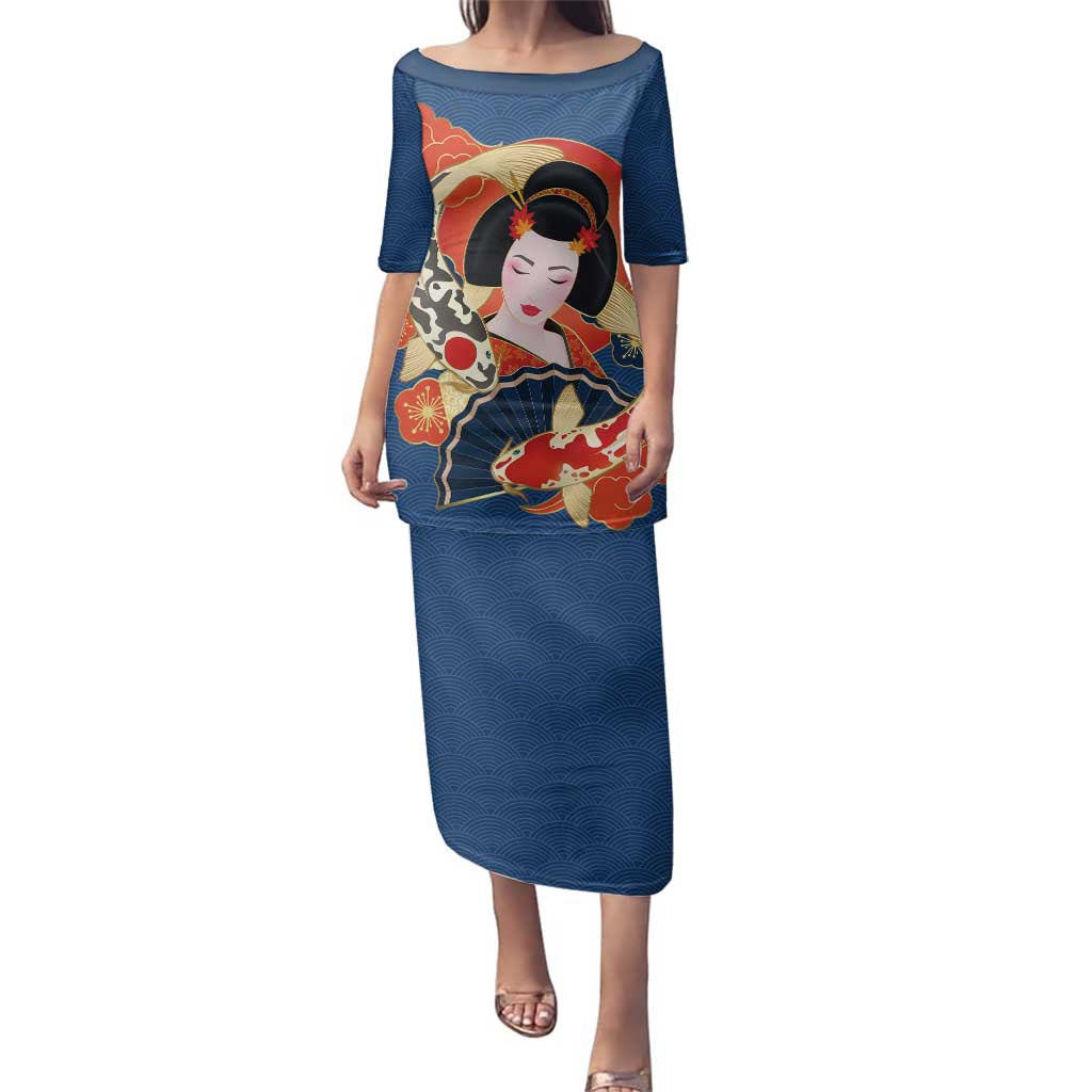 Japanese Geisha Koi Fish Family Matching Puletasi and Hawaiian Shirt Cherry Blossoms Blue Seigaiha Pattern - Wonder Print Shop
