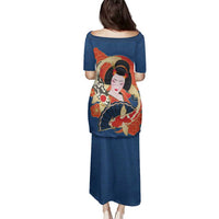 Japanese Geisha Koi Fish Family Matching Puletasi and Hawaiian Shirt Cherry Blossoms Blue Seigaiha Pattern - Wonder Print Shop