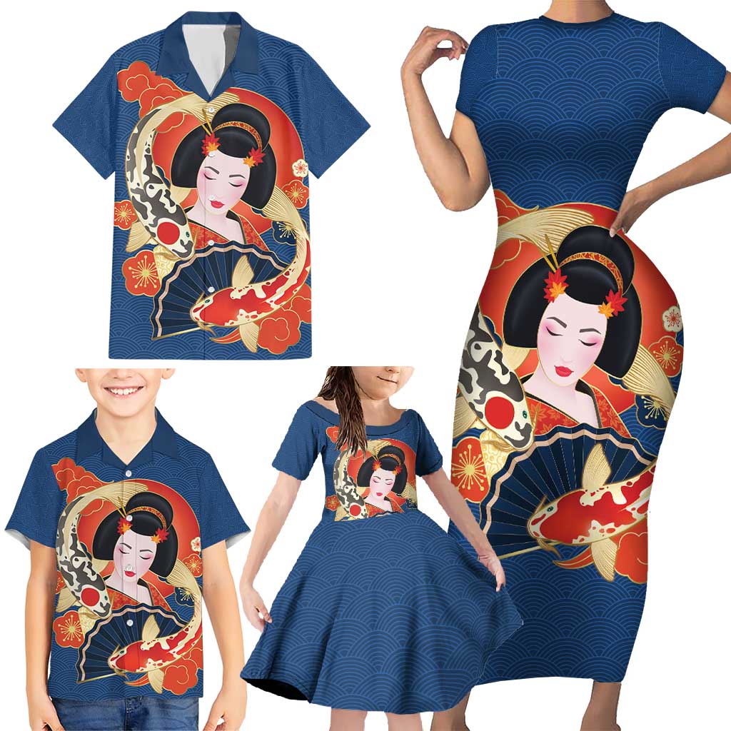 Japanese Geisha Koi Fish Family Matching Short Sleeve Bodycon Dress and Hawaiian Shirt Cherry Blossoms Blue Seigaiha Pattern - Wonder Print Shop