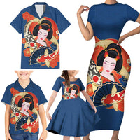 Japanese Geisha Koi Fish Family Matching Short Sleeve Bodycon Dress and Hawaiian Shirt Cherry Blossoms Blue Seigaiha Pattern - Wonder Print Shop