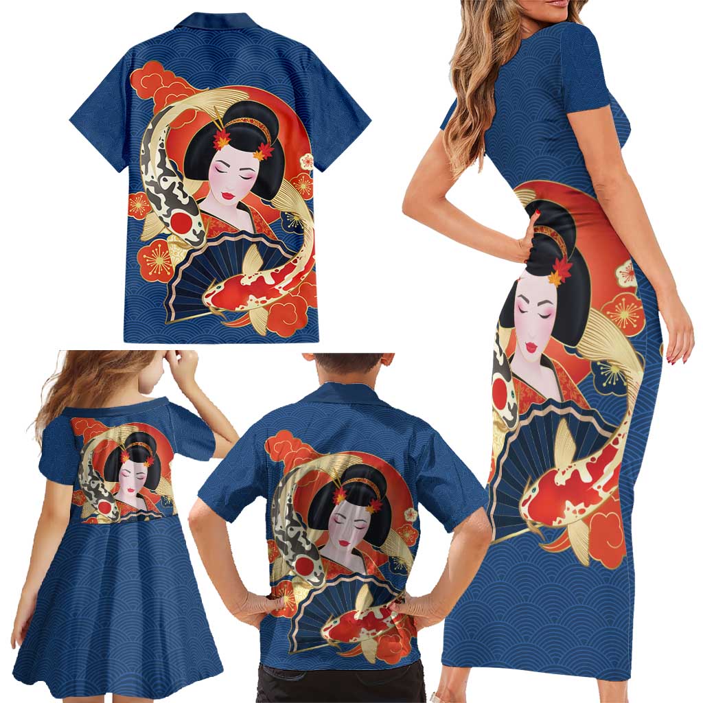 Japanese Geisha Koi Fish Family Matching Short Sleeve Bodycon Dress and Hawaiian Shirt Cherry Blossoms Blue Seigaiha Pattern - Wonder Print Shop