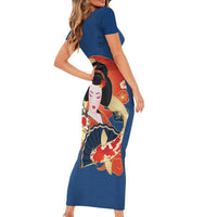 Japanese Geisha Koi Fish Family Matching Short Sleeve Bodycon Dress and Hawaiian Shirt Cherry Blossoms Blue Seigaiha Pattern - Wonder Print Shop