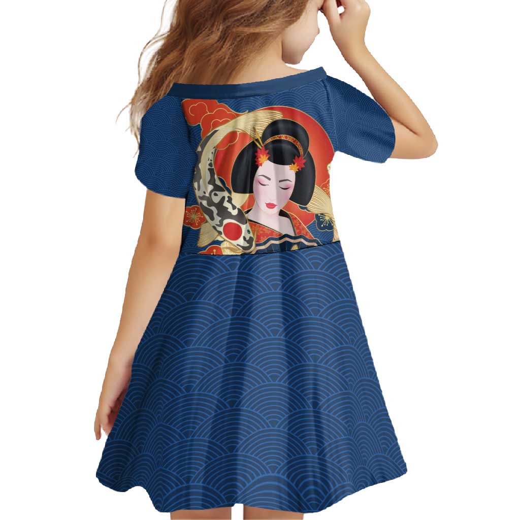 Japanese Geisha Koi Fish Family Matching Summer Maxi Dress and Hawaiian Shirt Cherry Blossoms Blue Seigaiha Pattern - Wonder Print Shop