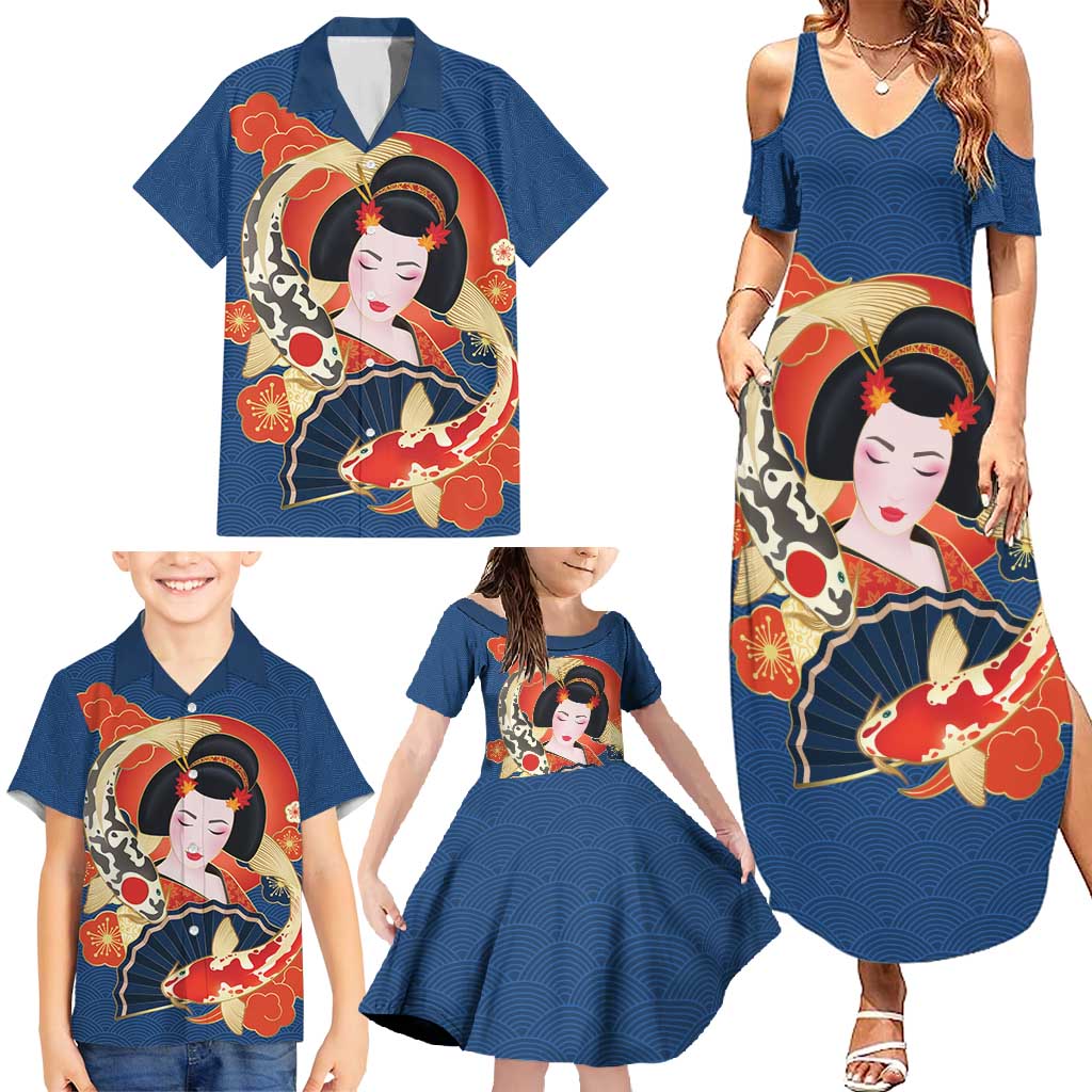 Japanese Geisha Koi Fish Family Matching Summer Maxi Dress and Hawaiian Shirt Cherry Blossoms Blue Seigaiha Pattern - Wonder Print Shop