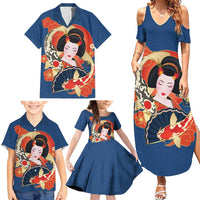 Japanese Geisha Koi Fish Family Matching Summer Maxi Dress and Hawaiian Shirt Cherry Blossoms Blue Seigaiha Pattern - Wonder Print Shop