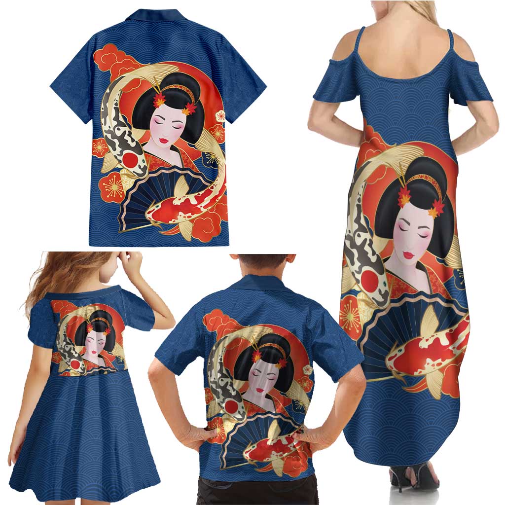 Japanese Geisha Koi Fish Family Matching Summer Maxi Dress and Hawaiian Shirt Cherry Blossoms Blue Seigaiha Pattern - Wonder Print Shop