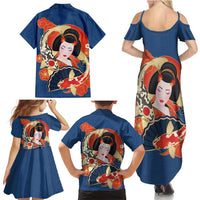 Japanese Geisha Koi Fish Family Matching Summer Maxi Dress and Hawaiian Shirt Cherry Blossoms Blue Seigaiha Pattern - Wonder Print Shop