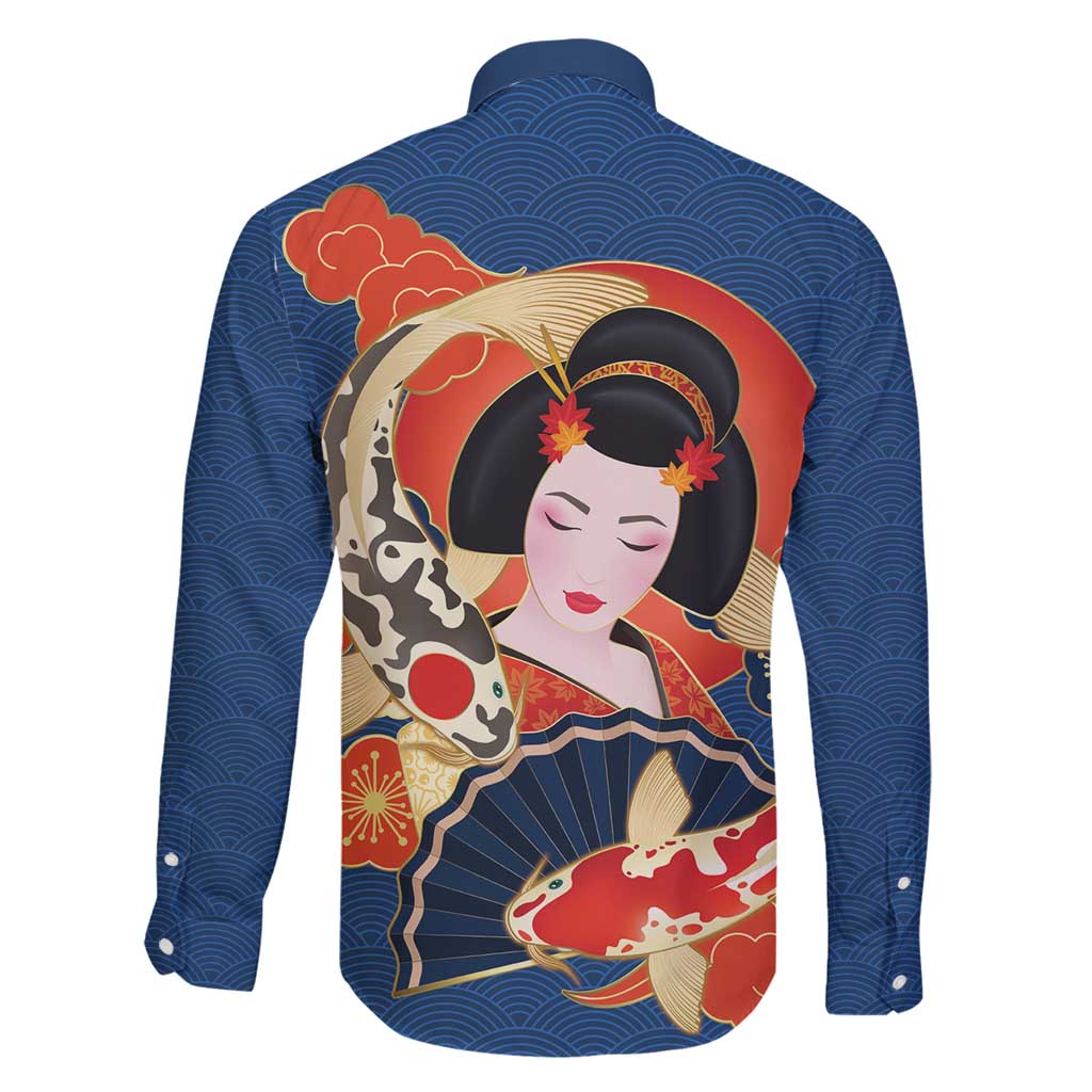 Japanese Geisha Koi Fish Family Matching Summer Maxi Dress and Hawaiian Shirt Cherry Blossoms Blue Seigaiha Pattern - Wonder Print Shop