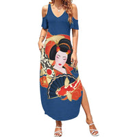 Japanese Geisha Koi Fish Family Matching Summer Maxi Dress and Hawaiian Shirt Cherry Blossoms Blue Seigaiha Pattern - Wonder Print Shop