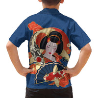 Japanese Geisha Koi Fish Family Matching Tank Maxi Dress and Hawaiian Shirt Cherry Blossoms Blue Seigaiha Pattern - Wonder Print Shop