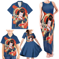 Japanese Geisha Koi Fish Family Matching Tank Maxi Dress and Hawaiian Shirt Cherry Blossoms Blue Seigaiha Pattern - Wonder Print Shop