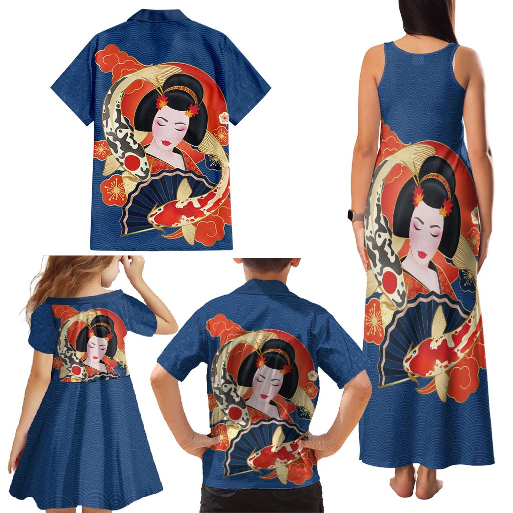 Japanese Geisha Koi Fish Family Matching Tank Maxi Dress and Hawaiian Shirt Cherry Blossoms Blue Seigaiha Pattern - Wonder Print Shop