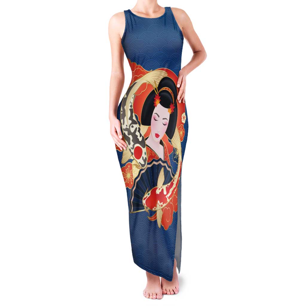 Japanese Geisha Koi Fish Family Matching Tank Maxi Dress and Hawaiian Shirt Cherry Blossoms Blue Seigaiha Pattern - Wonder Print Shop