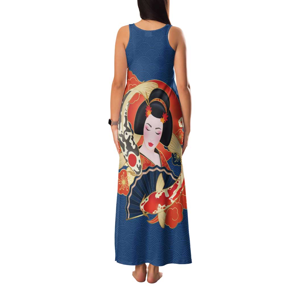 Japanese Geisha Koi Fish Family Matching Tank Maxi Dress and Hawaiian Shirt Cherry Blossoms Blue Seigaiha Pattern - Wonder Print Shop