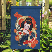 Japanese Geisha Koi Fish Garden Flag Cherry Blossoms Blue Seigaiha Pattern - Wonder Print Shop