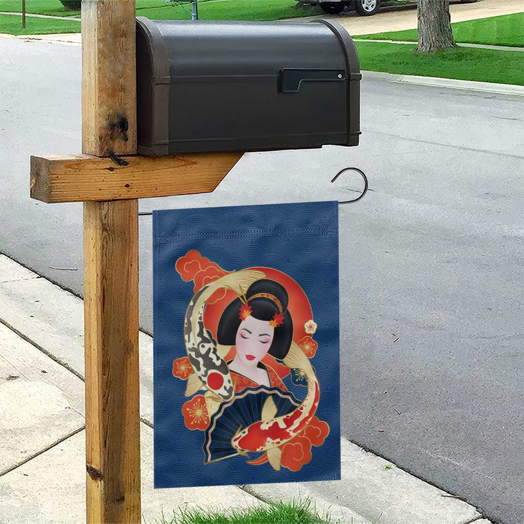 Japanese Geisha Koi Fish Garden Flag Cherry Blossoms Blue Seigaiha Pattern - Wonder Print Shop