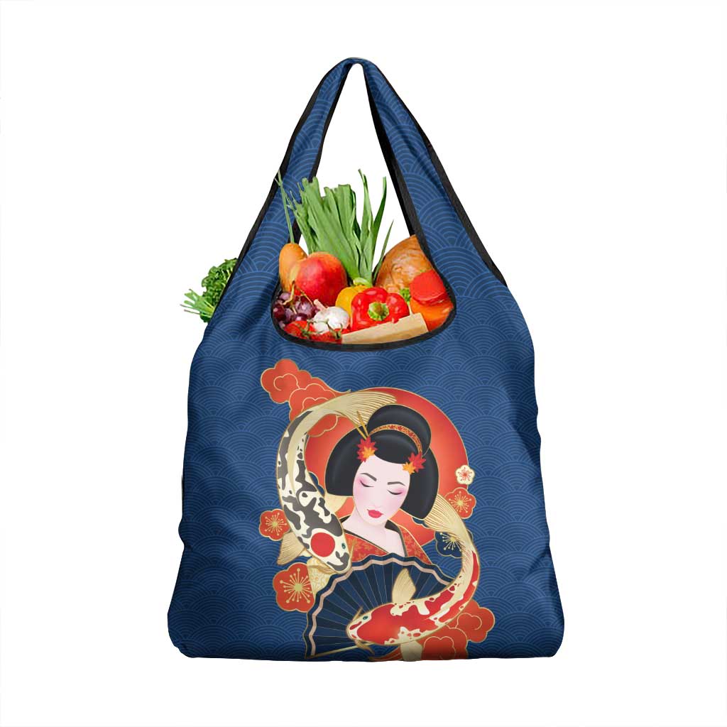 Japanese Geisha Koi Fish Grocery Bag Cherry Blossoms Blue Seigaiha Pattern - Wonder Print Shop