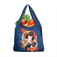 Japanese Geisha Koi Fish Grocery Bag Cherry Blossoms Blue Seigaiha Pattern - Wonder Print Shop